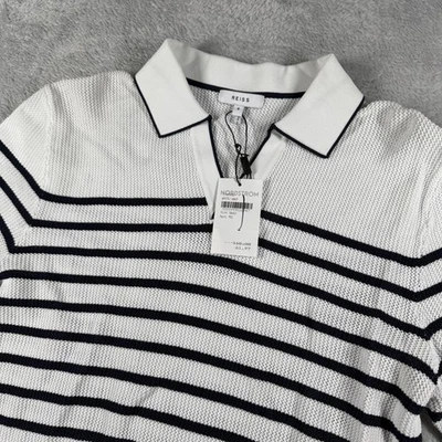 Reiss Sweater Mens Small White Navy Stripe Knit Short Sleeve Polo Shirt New NWT - Image 1 of 4
