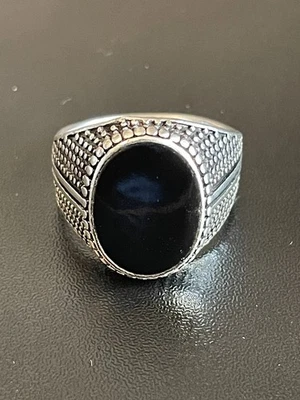 Изящный черный обсидиан драгоценный камень S925 серебро покрытием мужчин женщин кольцо размер 8,5 - Изображение 1 из 4