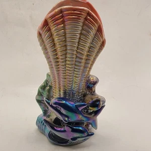 Lusterware Vintage irisierende Keramik drei Delfine Muschel Vase. - Bild 1 von 7