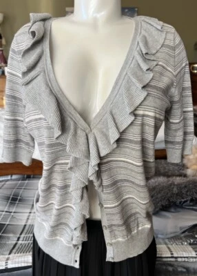 P/O Halogen  Sweater Gray White Striped Ruffled Button Front S/Sleeves Sz L - Image 1 of 4