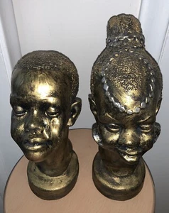 Vintage  African Tribunial Black Woman & Man Head Busts Art Antique Gold Plaster - Picture 1 of 17