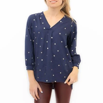 Womens Star Top Navy Long Sleeve Blouse V Neck Going Out Size 8 10 12 14 16  - Image 1 of 4