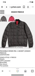 Coach F86519 PACKABLE Down MA-1 JACKET Reversible Graphite/Red Sz Large - Picture 1 of 24