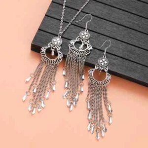 New Ethnic Silver Color Long Dangle Earring Set Vintage Carved Flower Pendent - Picture 1 of 6