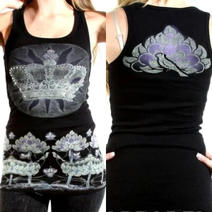 Vocal Top Gr. M schwarz Krone Lotusblume Strass gerippt Tank Damen Shirt - Bild 1 von 4
