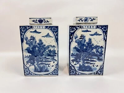 12.25" Modern Blue/White Chinese Ceramic Tea Caddy (Pair) - GOOD CONDITION - Image 1 of 4