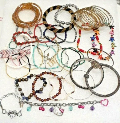 Bangle bracelets, stretch, pearl, blue stone, gold tone, rhinestones. Lot of 42 - Image 1 of 4