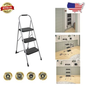Three-Step Folding Step Stool with Rubber Grip - Slip Resistant, Platinum Color - Picture 1 of 10