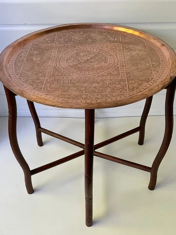 Turkish Copper Tea Table Egyptian Scenes on Folding Bamboo Motif Wood Base VTG Cover