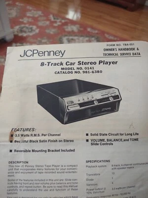 8-дорожечный автомобильный стереоплеер JCPenney с руководством пользователя модель No 0141 - Изображение 1 из 4