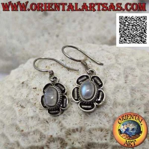 Orecchini Argento 925‰ fiore con pietra di luna arcobaleno ovale cabochon e deco - Foto 1 di 2