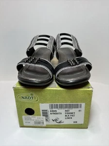 Naot Women's Afrodita Sandal Size 40 9 Block Heel Strappy Slide Silver Black - Picture 1 of 12