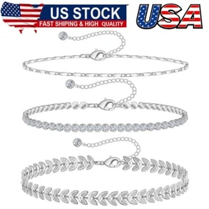 3Pcs Ankle Bracelets for Women 14k Gold Plated Anklet Silver Tennis Rose Quartz - Picture 1 of 7