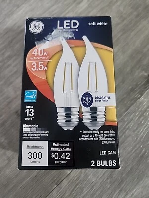 2- GE LED Candelabra Filament Light Bulb Medium base Soft White Clear 40 Watt  - Image 1 of 2