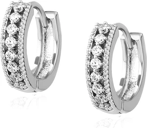 Iced Out Hoop Huggie Earrings 14K Gold Cubic Zirconia Cute Small Round Hoop... - Picture 1 of 66