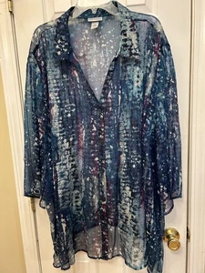 Maggie Barnes Catherines Top 5X Sheer Button Up Blouse Metallic Blue Purple - Picture 1 of 8