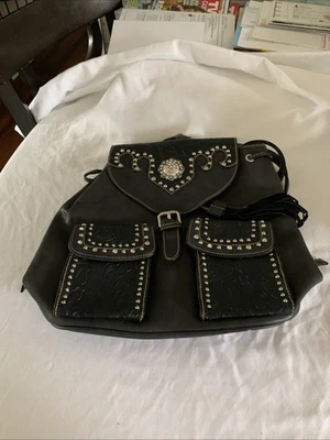 Montana West Jeweled Western Backpack Handbag Purse Black Faux Leather Has Wear - Image 1 of 4