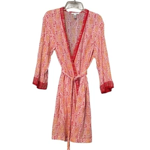 Oscar de la Renta Pink Red Orange Floral 100 % Cotton Belted Robe Size M - Picture 1 of 6