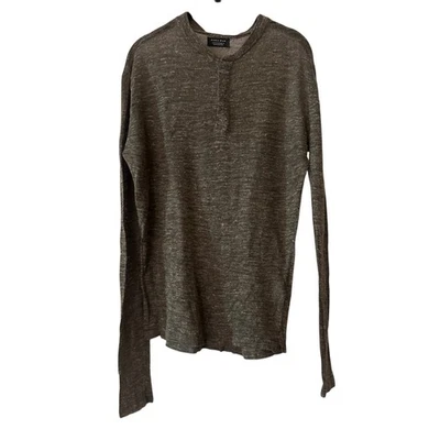 Zara Hombre Verde y Gris Mezcla Lino Ligero Tejido Henley Cuello Redondo Suéter M Foto 1 de 4