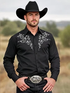 Herren Western Cowboy Hemd Langarm Retro Druck Freizeit Button Down Hemd - Bild 1 von 12