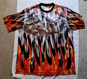 Vintage Y2K Dragon in Flames No Boundaries Sheer Tee Shirt Size XL Silver Red - Bild 1 von 8