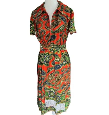 Vestido camisa boho anos 70 zíper frontal laranja paisley com cinto franja vintage tamanho M/L discoteca - Imagem 1 de 4