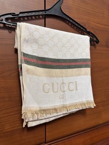 Gucci Scarf Shawl Stole Monogram GG Multicolor Cashmere Silk Used White - Picture 1 of 5