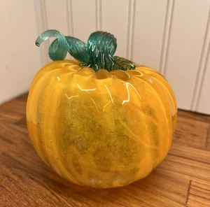 Hand Blown Glass Pumpkin Ribbon Stem Decorative Art Glass Holiday Decor - Signed - Picture 1 of 11