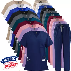 New Nurse Uniform Women Men Scrub Set V-Neck Top Straight Cargo Pants Summer - Picture 1 of 114