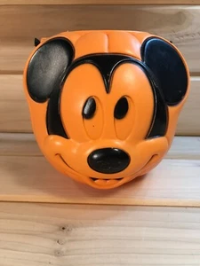 Disney Vintage Mickey Mouse Blowmold Halloween Candy Pail Bucket Orange Face - Picture 1 of 10