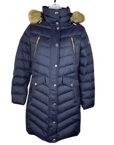 Michael Kors Puffer Jacke Petite XS Kunstfellbesatz Kapuze 3/4 Daunen Dark Navy - Bild 1 von 14