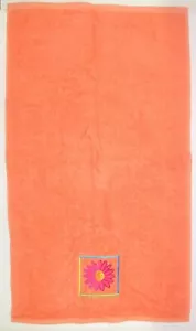 100% Cotton Terry Cloth Hand Towel ~ Pink Flower on Orange ~ 16" x 28" - Picture 1 of 1