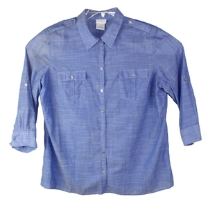 Jaclyn Smith Top Blue Women Size XL 3/4 Roll Tab Sleeve 100% Cotton Blouse - Picture 1 of 9