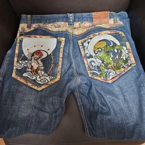 Naminori Tatsujin Men's Denim Jeans Pants Fujin Raijin Embroidered Blue Size XL - Picture 1 of 7