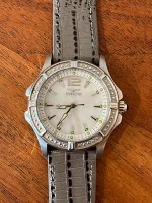 Women's Invicta Silvertone MOP Tritnite Night Glow Watch Leather Band 11782 - Image 1 of 4