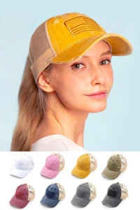 C.C Women's USA Embroidered Vintage Criss Cross Ponytail Messy Bun Baseball Cap - Picture 1 of 14