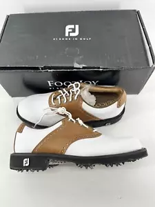 Zapatos de golf tradicionales Footjoy Myjoys Premiere Icon personalizados blancos marrones 5,5 N - Imagen 1 de 1