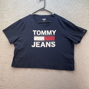 Tommy Jeans Shirt Women's Large Blue Spell Out Cropped Oversized Casual Ladies - Picture 1 of 9