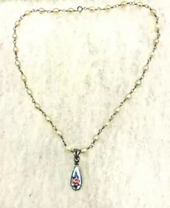 Sterling Silver Enamel Pendant on 16 In. Pearl Chain - 10.9 Grams - Picture 1 of 7