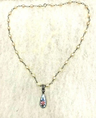 Sterling Silver Enamel Pendant on 16 In. Pearl Chain -  10.9 Grams  - Image 1 of 4