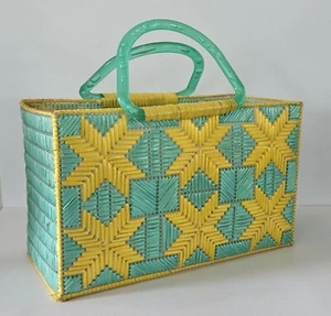 Sacchetto/borsa in rafia plastica intrecciata a mano artigiana messicana con manici in plastica lucite vintage - Foto 1 di 12