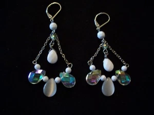 CHANDELIER EARRINGS AB WHITE GLASS MOONSTONE BEAD SILVER PLATED STATEMENT DANGLE - Picture 1 of 5