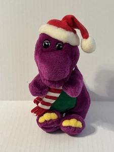 Barney Christmas Stuffed Plush 9” Vintage 1992 Purple Dinosaur Santa Hat Scarf - Picture 1 of 7