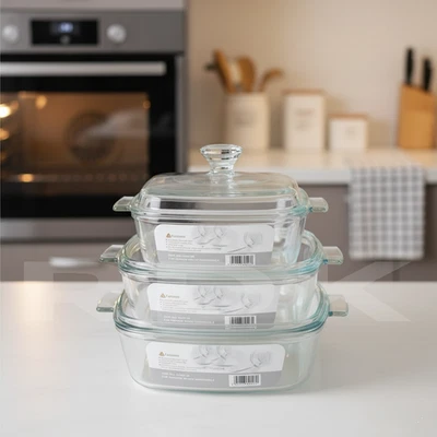Set Of 3 Glass Casserole Dishes With Lid Oven Proof With Handles 0.8/1.2/1.5 Ltr - Image 1 of 4
