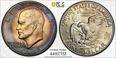 🎄1974-S Dólar Eisenhower PCGS MS67 PRATA - TONIFICAÇÃO INCRÍVEL TRUEVIEW L👀K!🎄 - Imagem 1 de 4