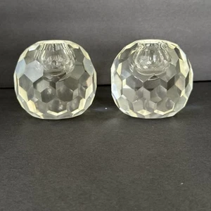 Vintage MCM facettierte Kristallglas Kerzenhalter Paar 3,5" rund Dekor - Bild 1 von 5