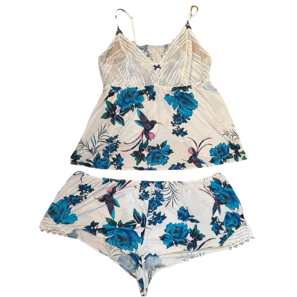 Lane Bryant Cacique White Blue Floral Bird Lace Cami Sleep Set 5x 30/32 - Image 1 of 4