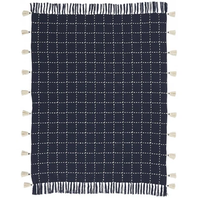 Navy and White Stitched Square Pattern Cotton Throw Blanket - Image 1 of 3