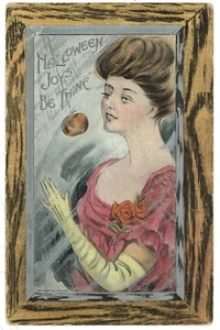 Antike HALLOWEEN Dame fängt Apfel Spiel Vintage H.M. Rose geprägte Postkarte - Bild 1 von 2