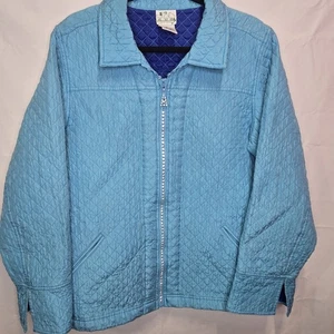 The Quaker Factory Quilted 100% Silk Jacket Blue Full Zip Rhinestones Sz. Lg - Picture 1 of 14